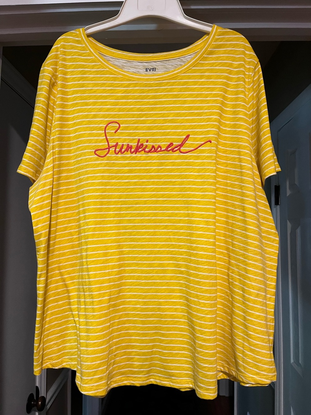 EVRI Yellow and White Striped Tee with orange Script